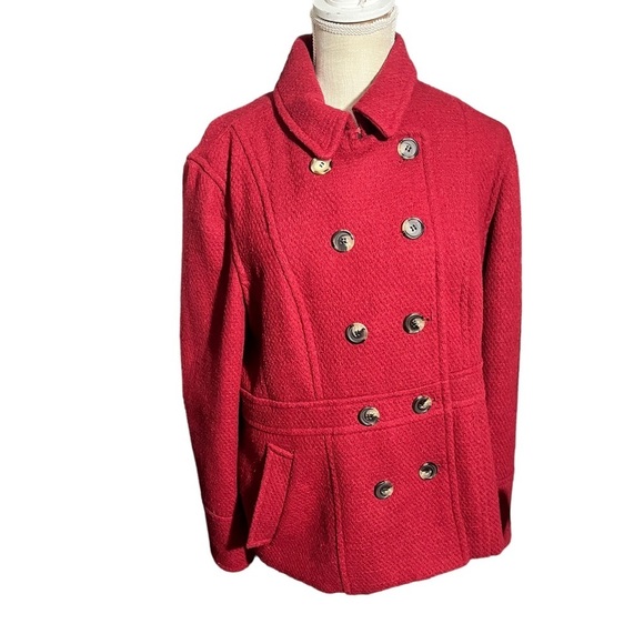 Coldwater Creek Women Red Wool Mix Double Breasted Pea Coat Sz XL Lined Pockets